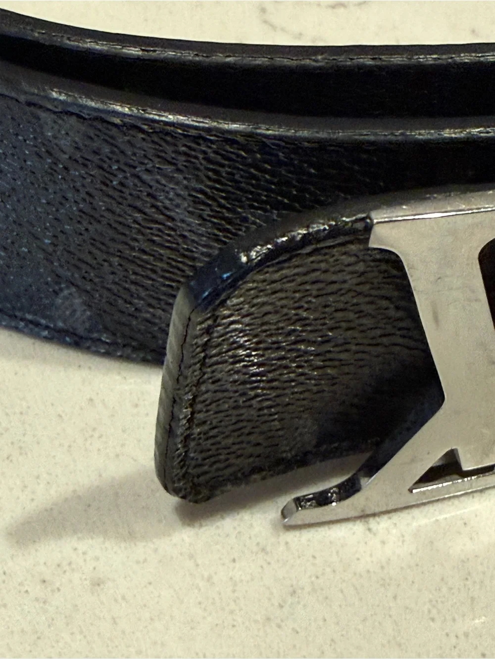 Louis Vuitton Black Leather Textured Belt with Subtle Monogram